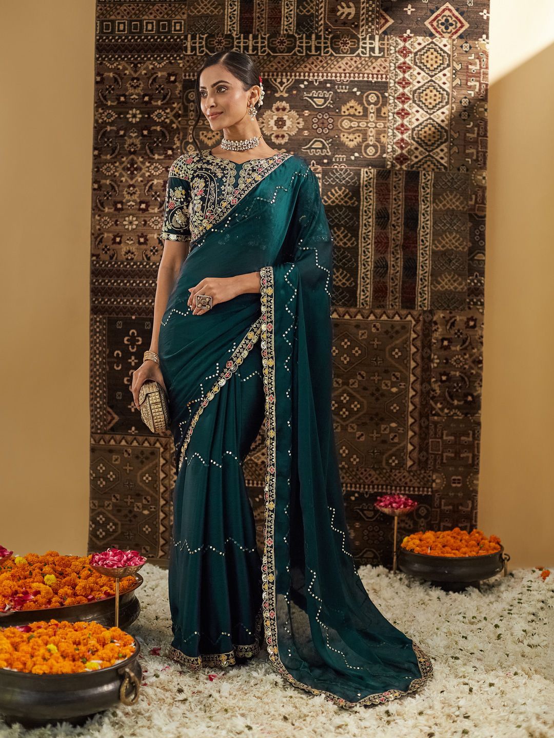 

kasee Embellished Sequinned Silk Blend Saree, Blue