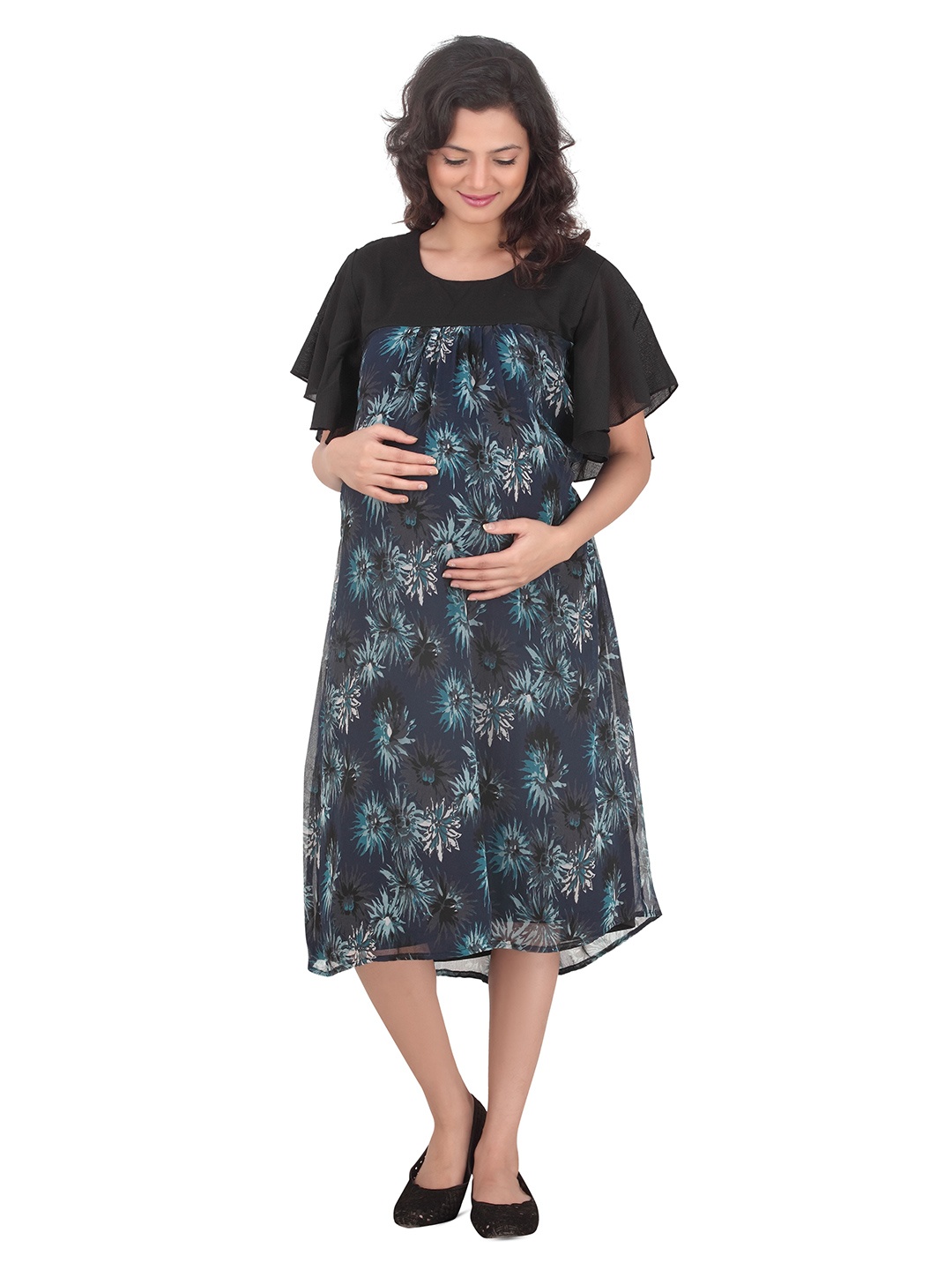 

Uzazi Floral Print Chiffon Maternity Fit & Flare Dress, Navy blue