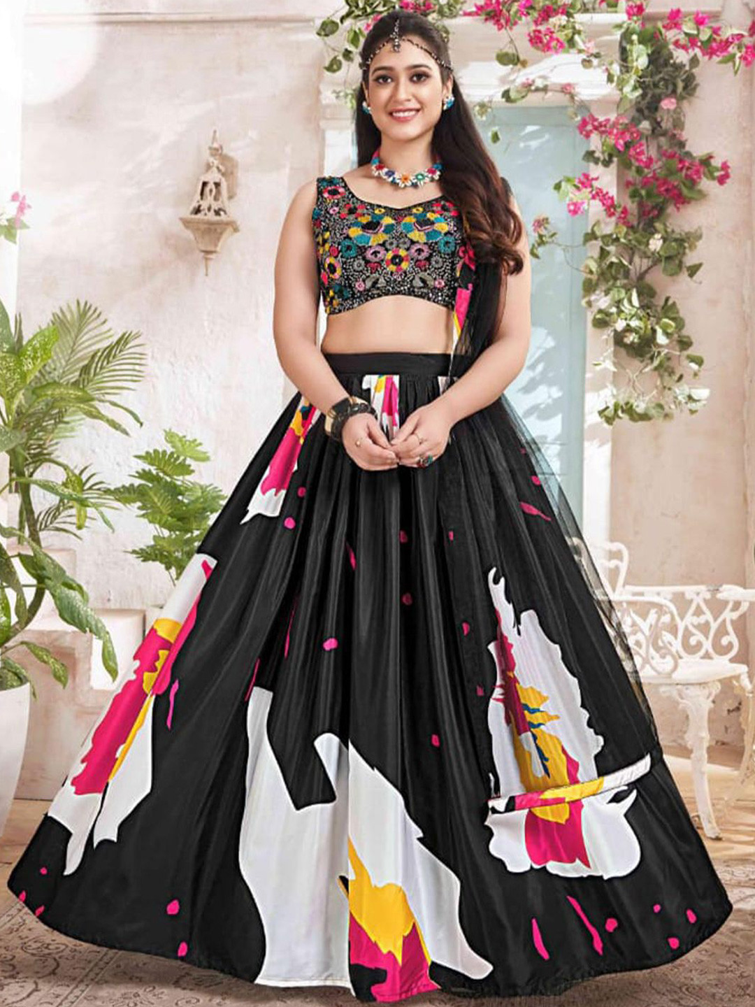 

LUGAI Embroidered Beads and Stones Ready to Wear Lehenga & Blouse With Dupatta, Black