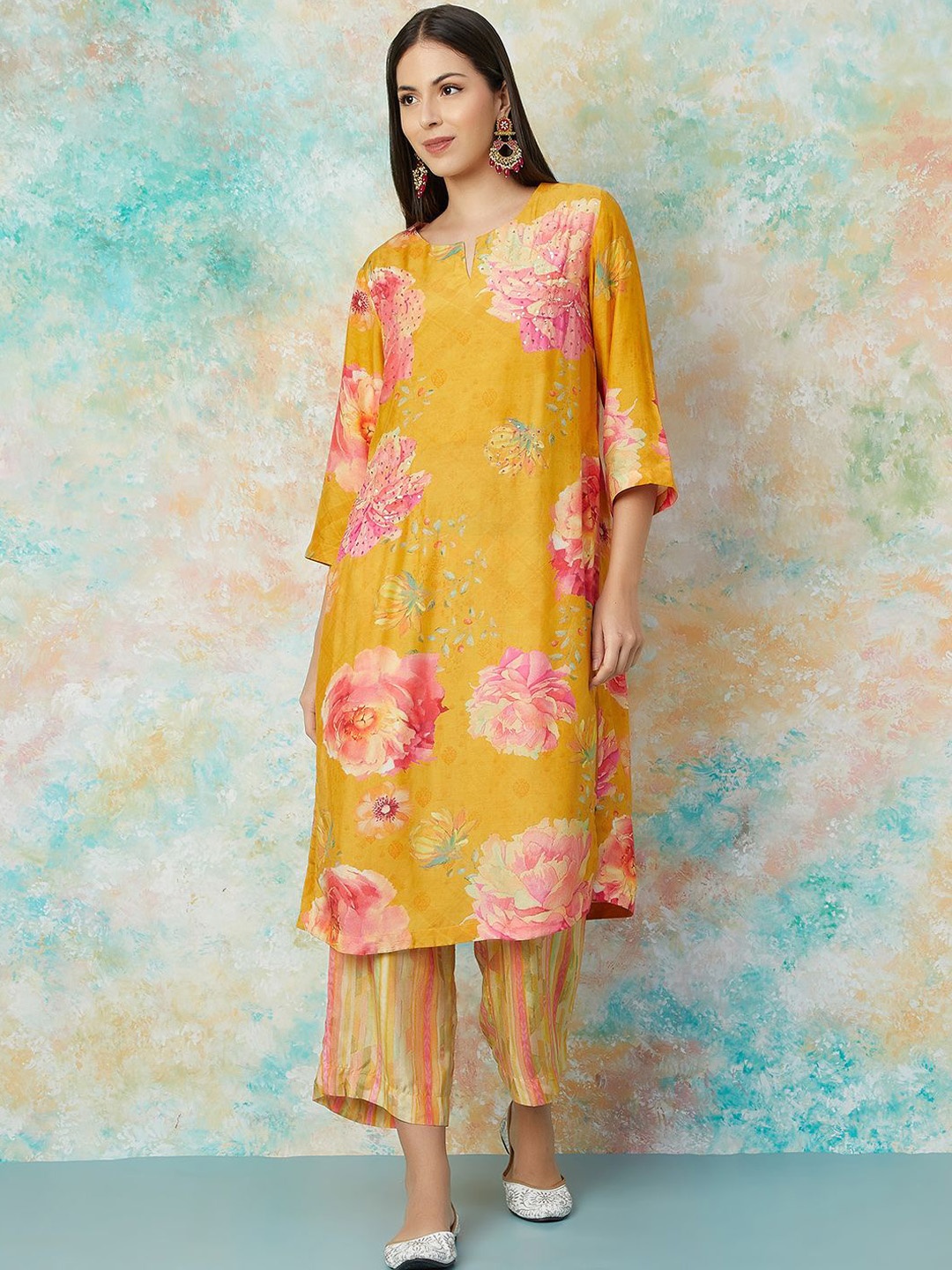 

Melange by Lifestyle Women Floral Printed Regular Kurta with Trousers, Yellow