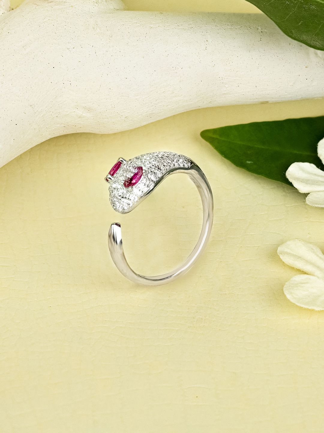

TOUCH925 Stone-Studded Adjustable Finger Ring, Silver