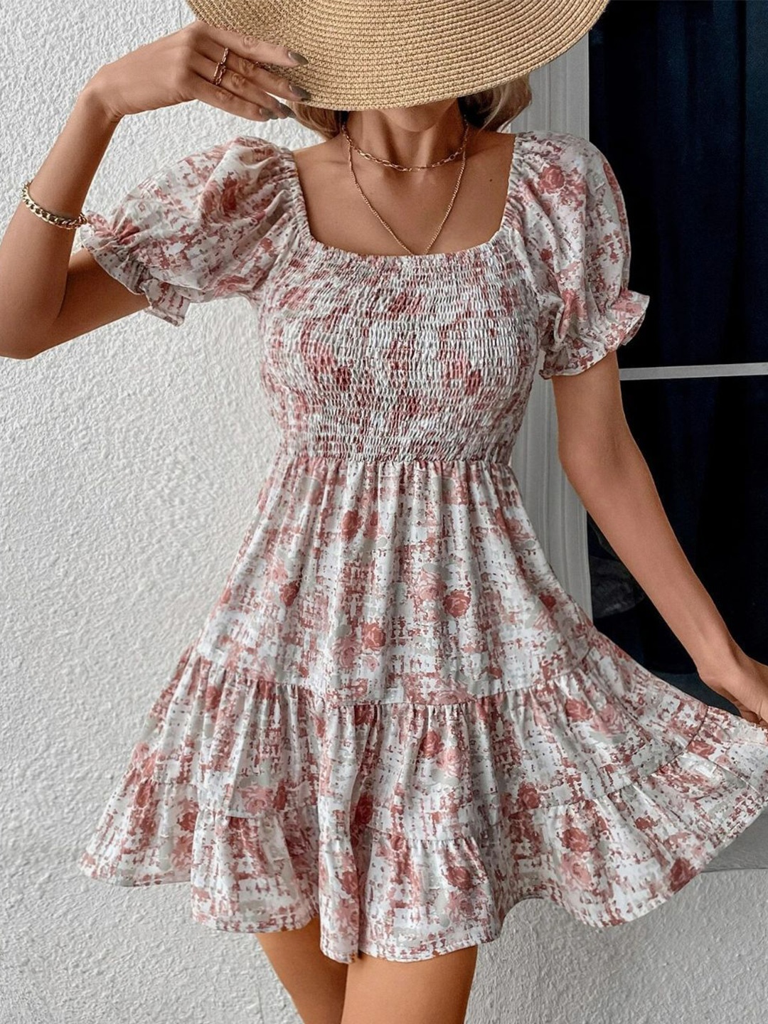 

Oh Rare Floral Print Puff Sleeve Fit & Flare Mini Dress, Rose gold