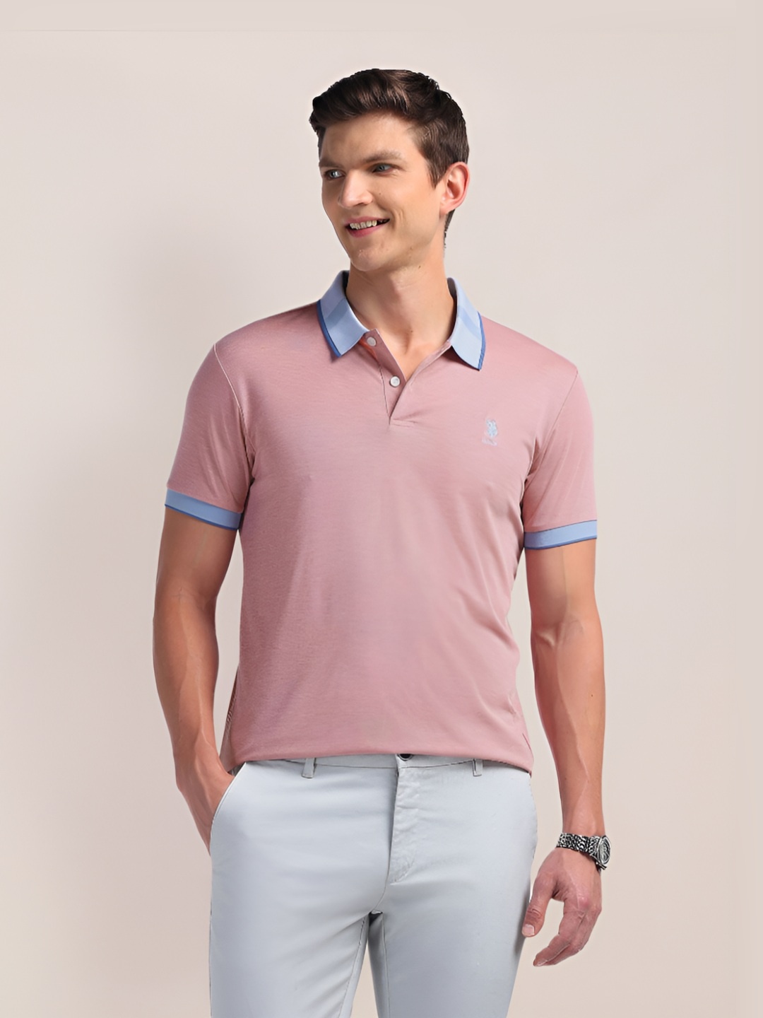

U.S. Polo Assn. Men Polo Collar Pockets Slim Fit T-shirt, Pink