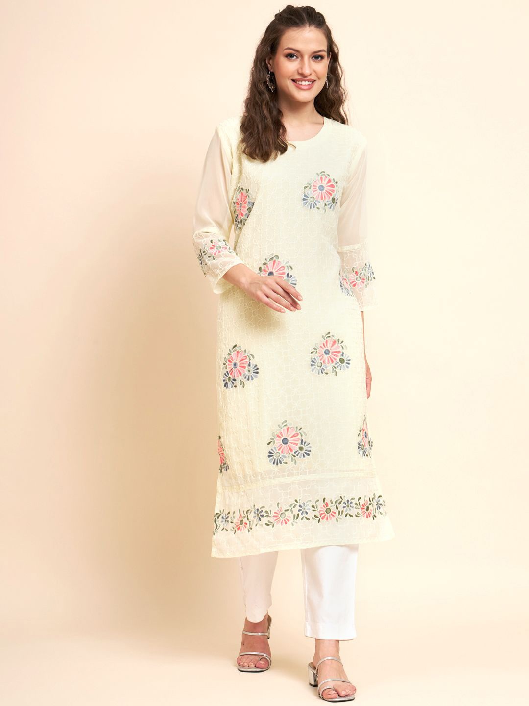 

HERE&NOW Women Floral Embroidered Thread Work Georgette Kurta, Yellow