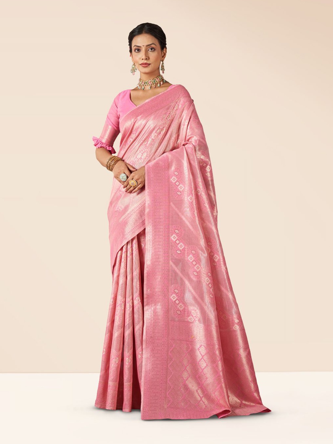 

SARHA Woven Design Zari Silk Cotton Saree, Pink