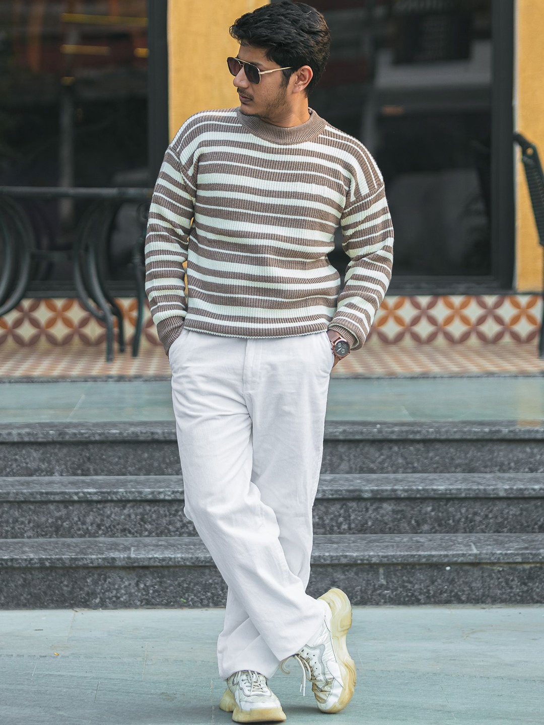 

JAVINISHKA Men Striped Woollen Pullover, Brown