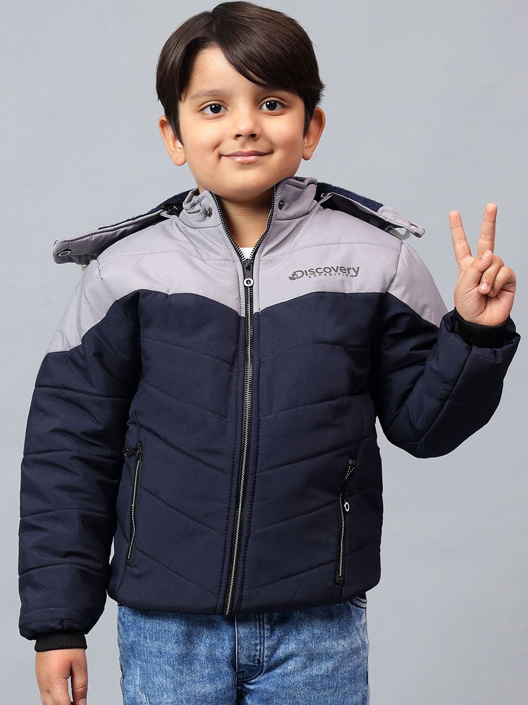 

BAESD Boys Colourblocked Padded Jacket with Patchwork, Navy blue