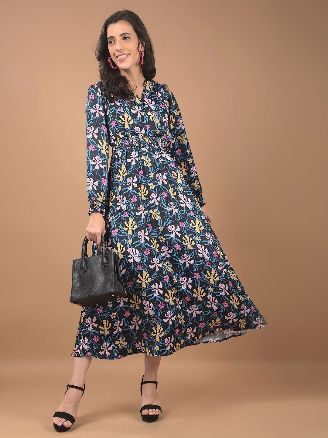 

Crimsoune Club Print Puff Sleeve A-Line Maxi Dress, Black