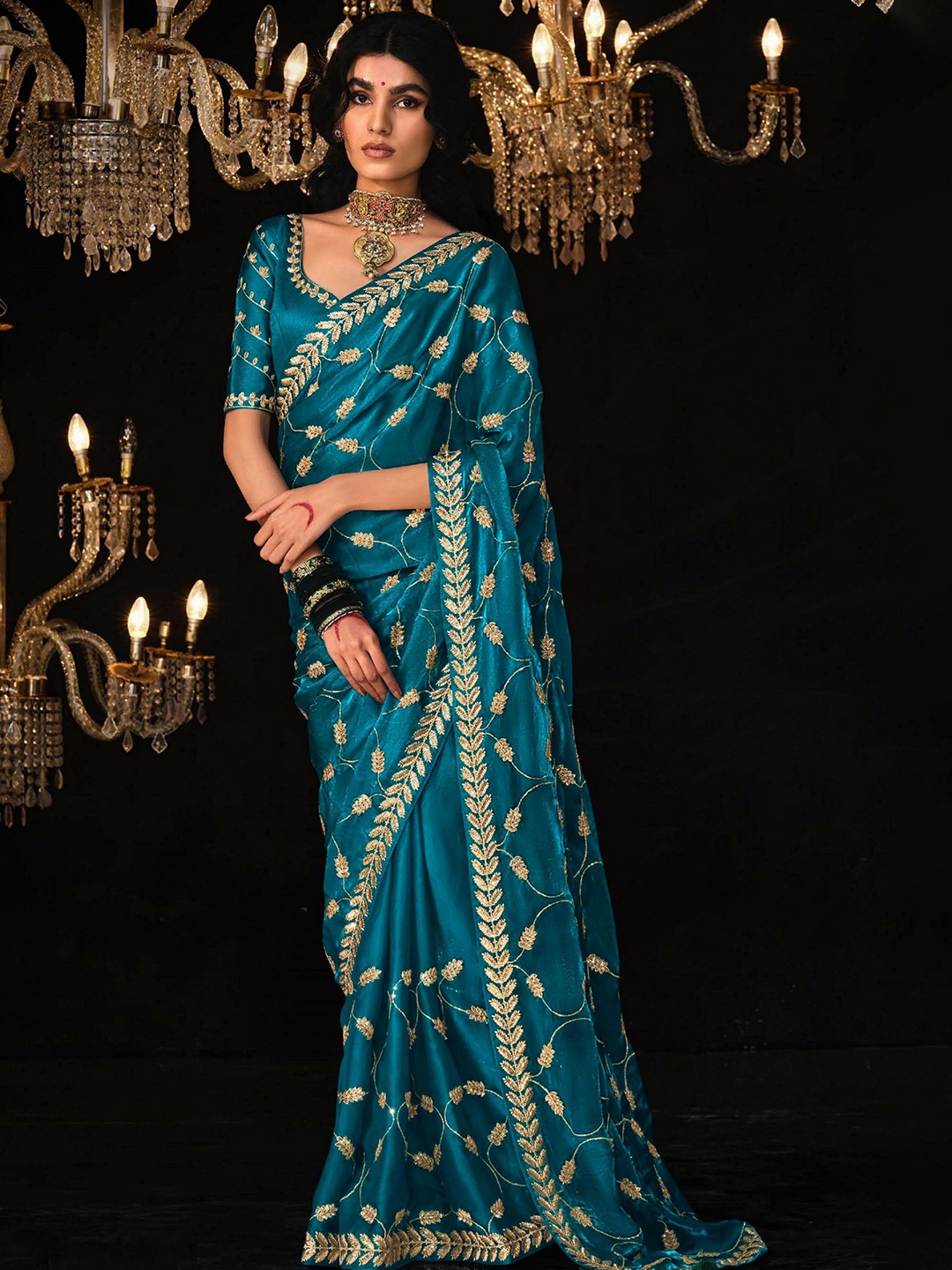 

MAHALASA Ethnic Motifs Embroidered Tissue Saree, Turquoise blue