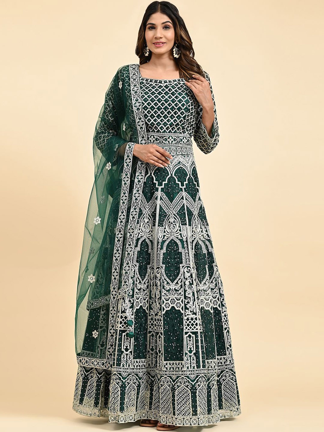 

VANAKARA Embroidered Maxi Ethnic Dress With Dupatta, Green