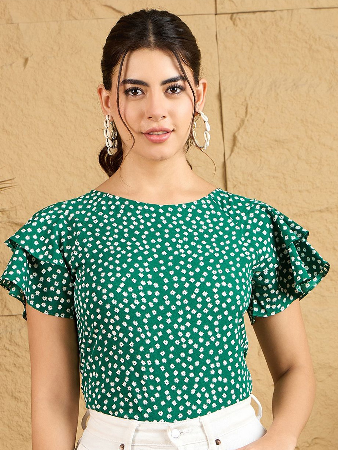 

Berrylush Polka Dot Print Batwing Sleeve Ruffles Top, Green