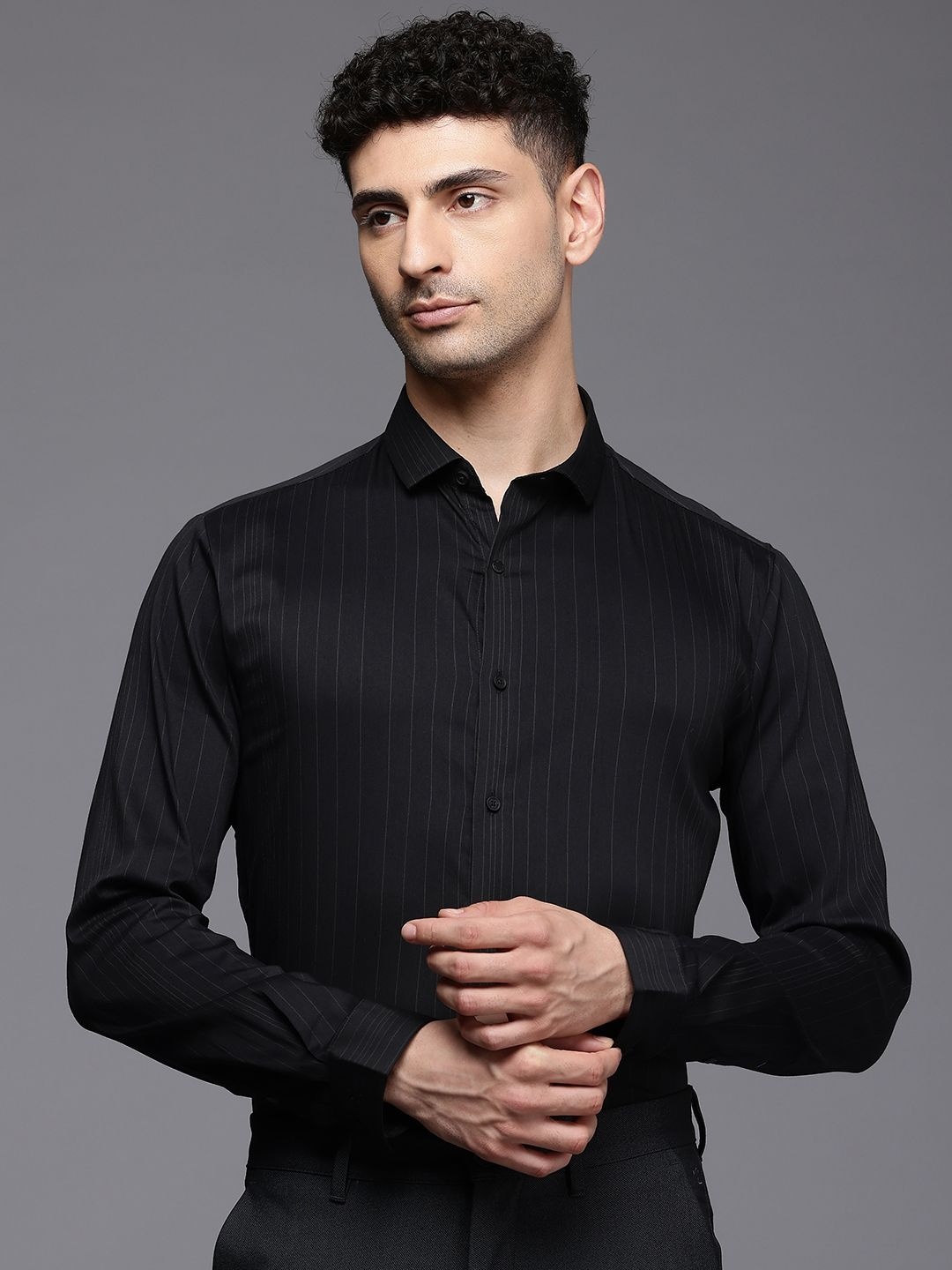 

Louis Philippe Ath.Work Super Slim Fit Opaque Striped Semiformal Shirt, Black