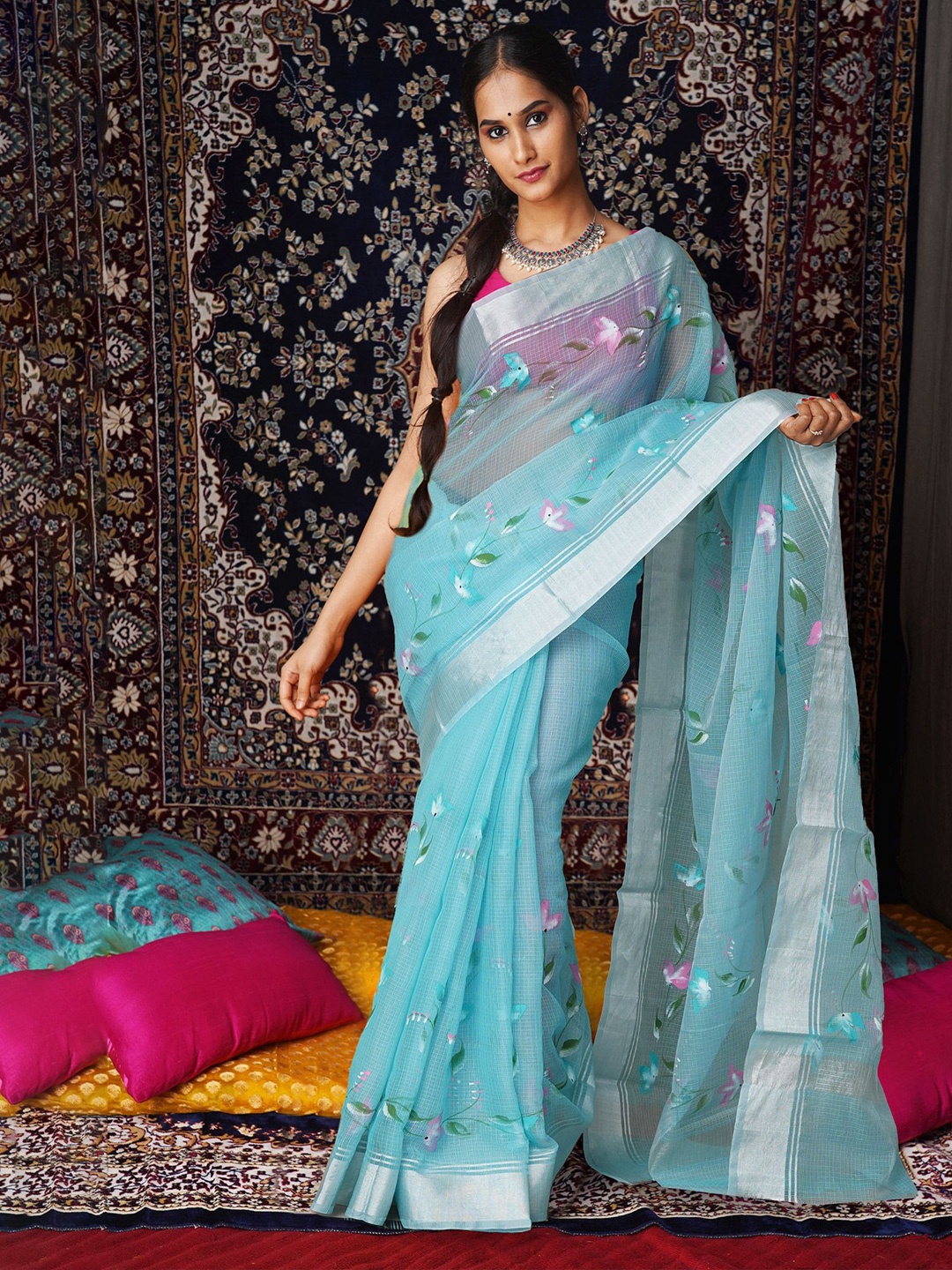 

Unnati Silks Floral Zari Net Handloom Kota Saree, Blue