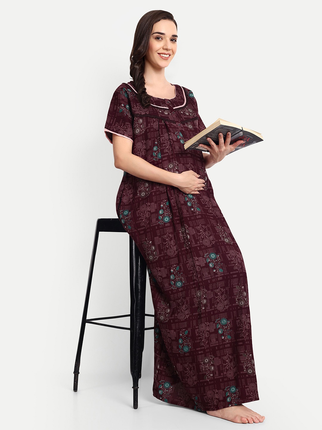 

THE MAMA KLUB Printed Maxi Nightdress, Maroon