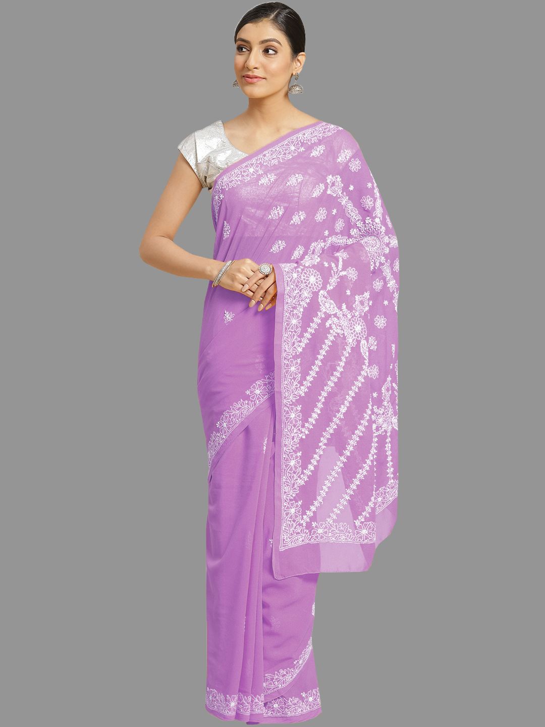 

ADA Floral Embroidered Poly Georgette Saree, Mauve