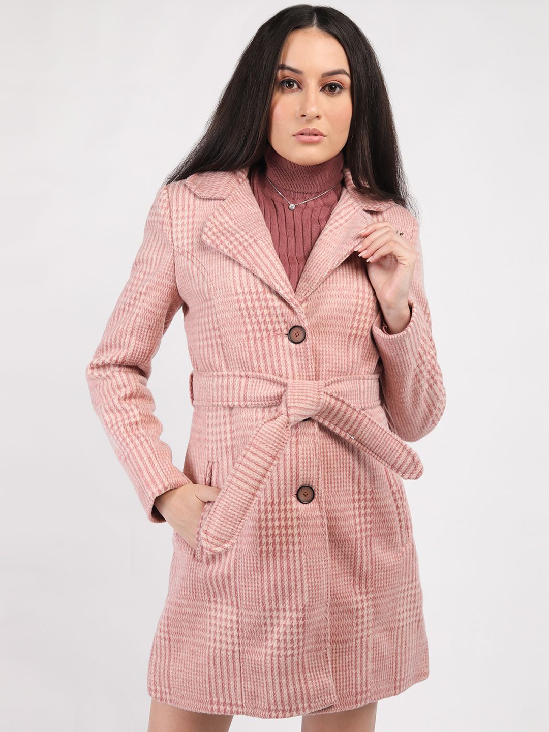 

The Roadster Lifestyle Co Small Check Single Breasted Pea Coat, Pink