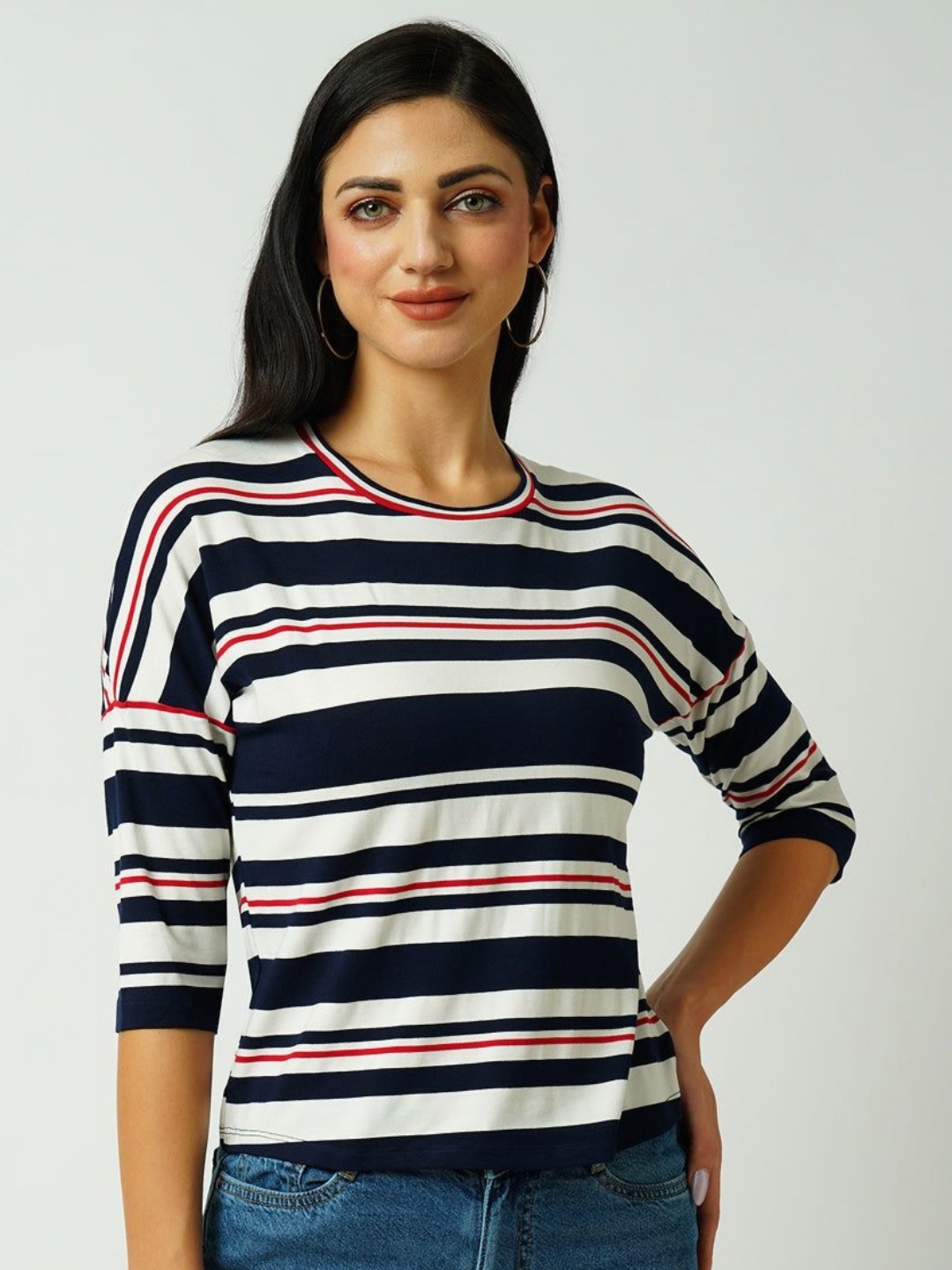 

Kraus Jeans Women Striped Pockets Slim Fit T-shirt, Navy blue