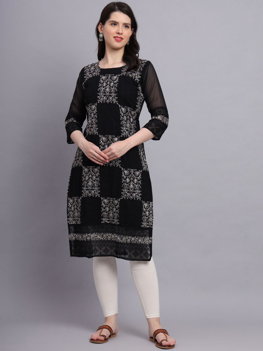 

HERE&NOW Women Floral Embroidered Thread Work Georgette Kurta, Black