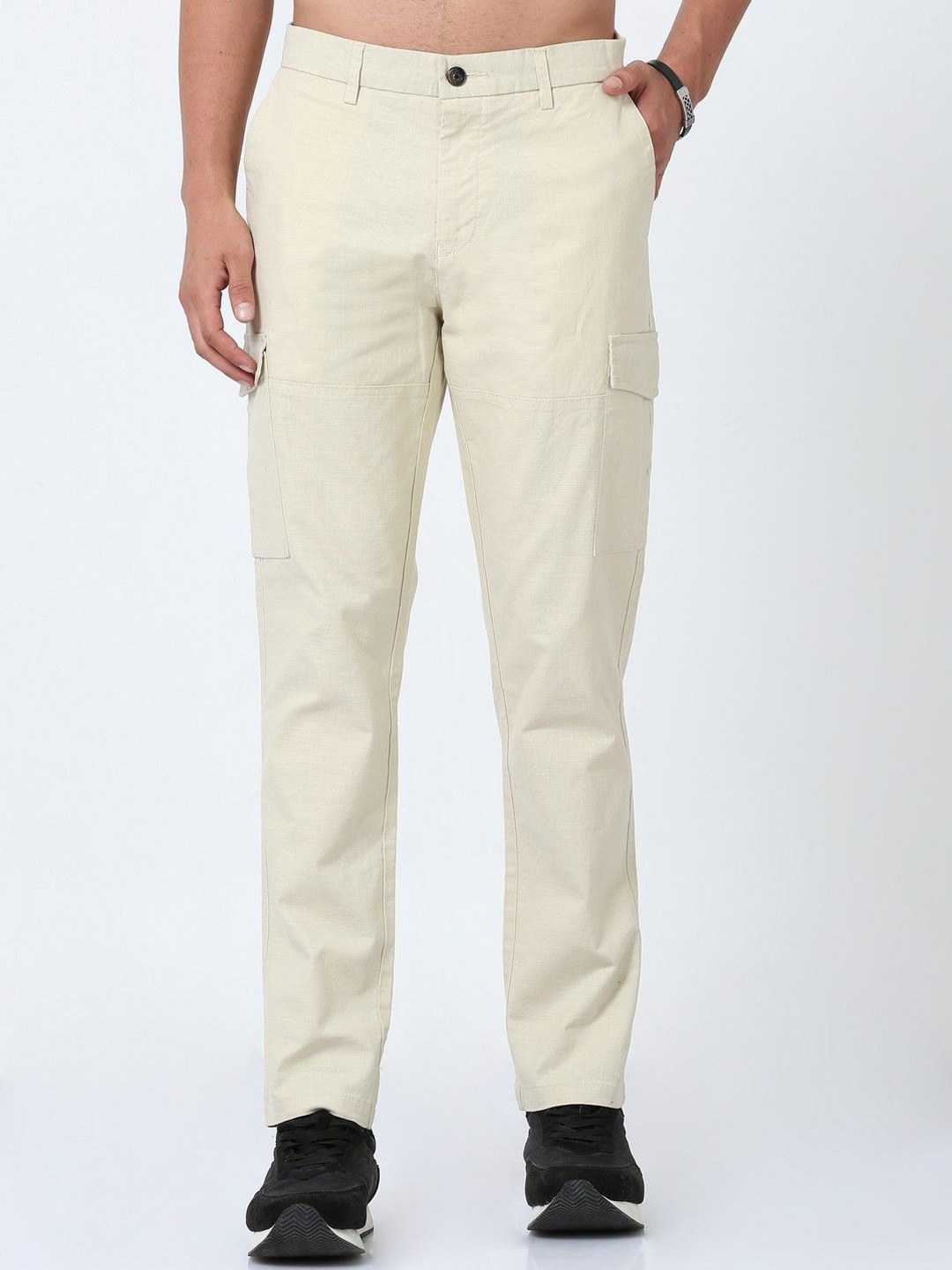 

NEVER NEUD Men Relaxed Cargos Trousers, Cream