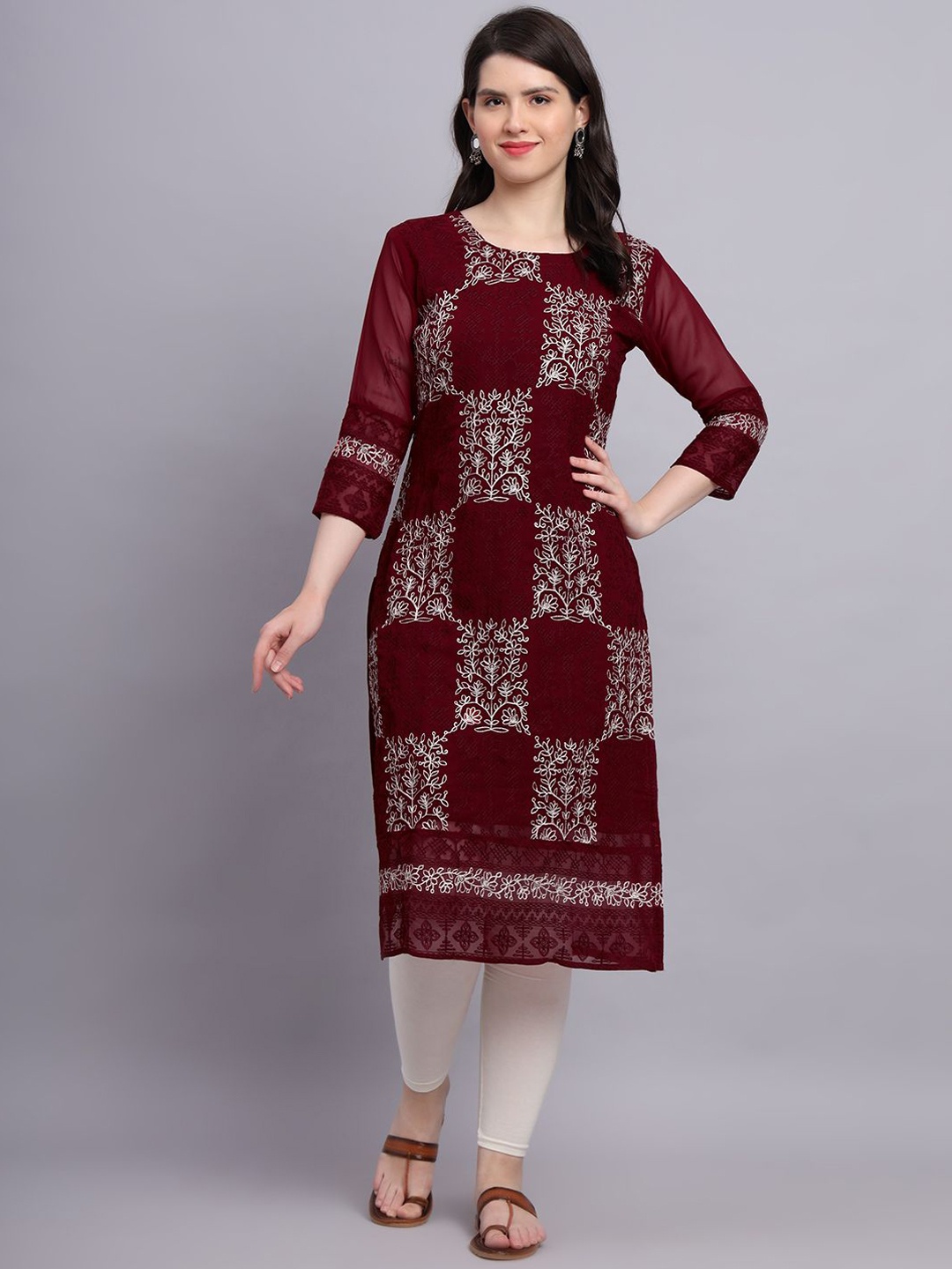 

HERE&NOW Women Floral Embroidered Thread Work Georgette Kurta, Maroon