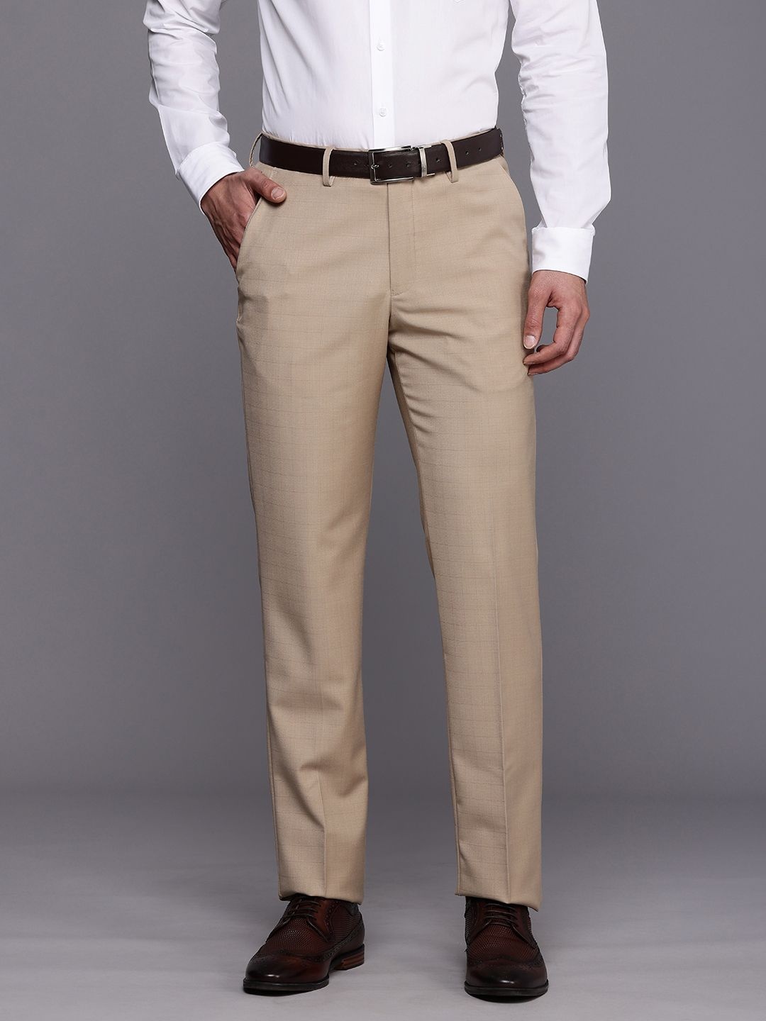 

Louis Philippe Men Checked Slim Fit Formal Trousers, Khaki