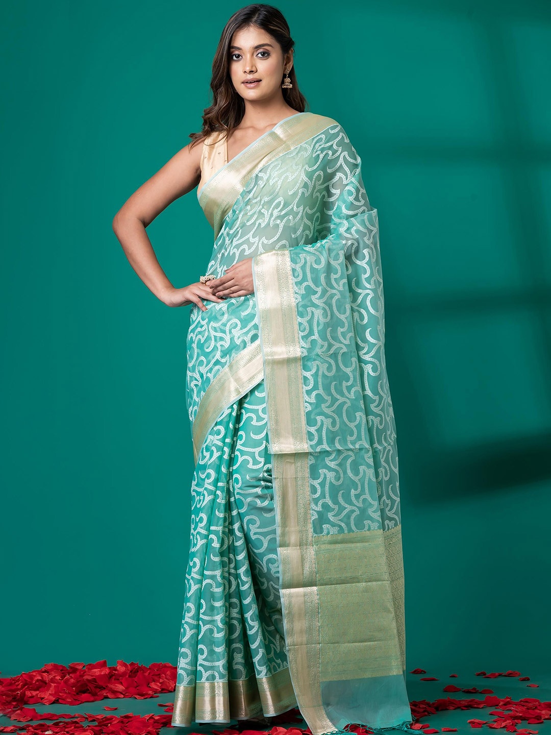 

VIBHAVARI Zari Silk Cotton Saree, Beige