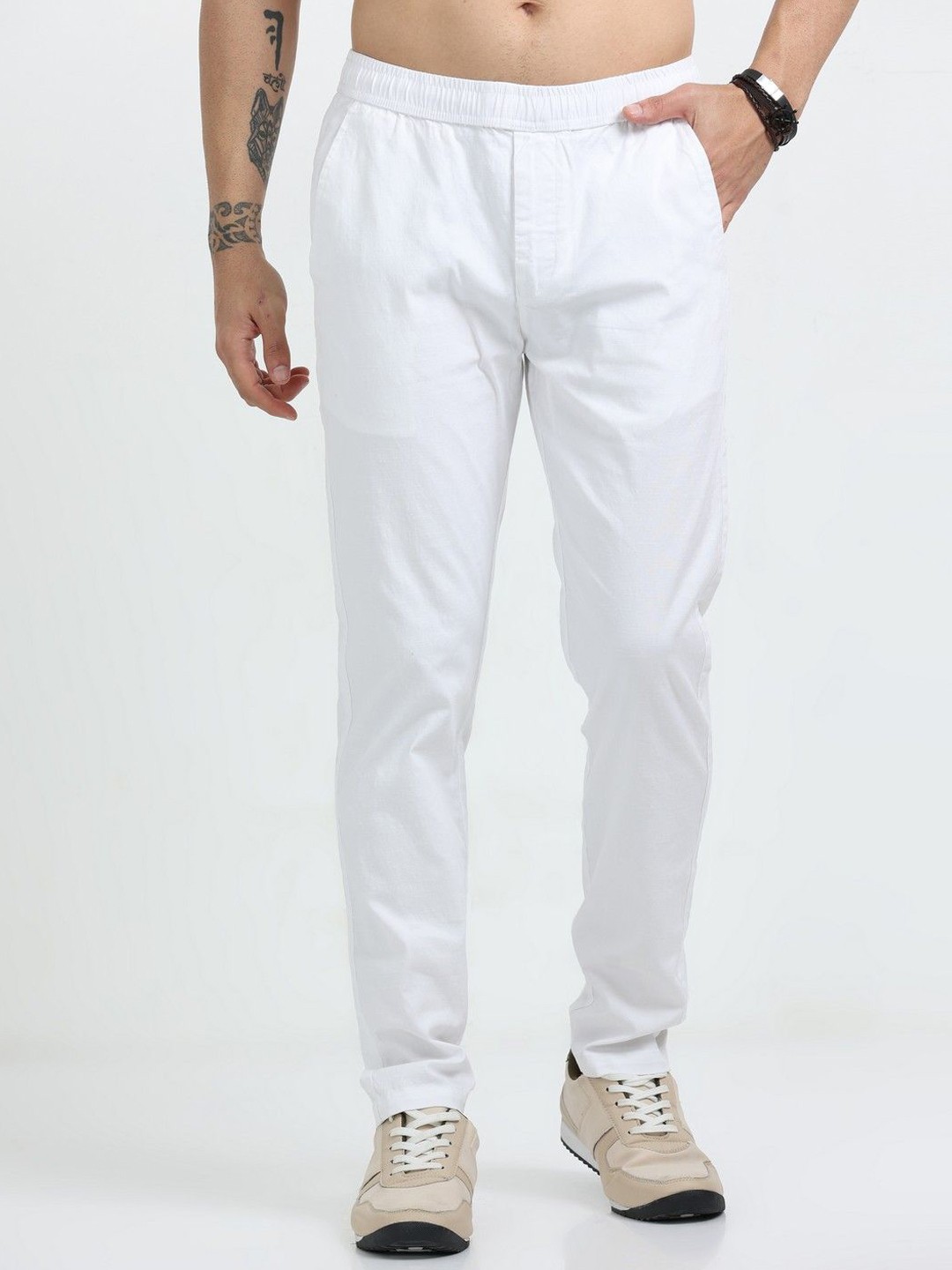 

NEVER NEUD Men Relaxed Comfy Lazy Linen Trousers, White