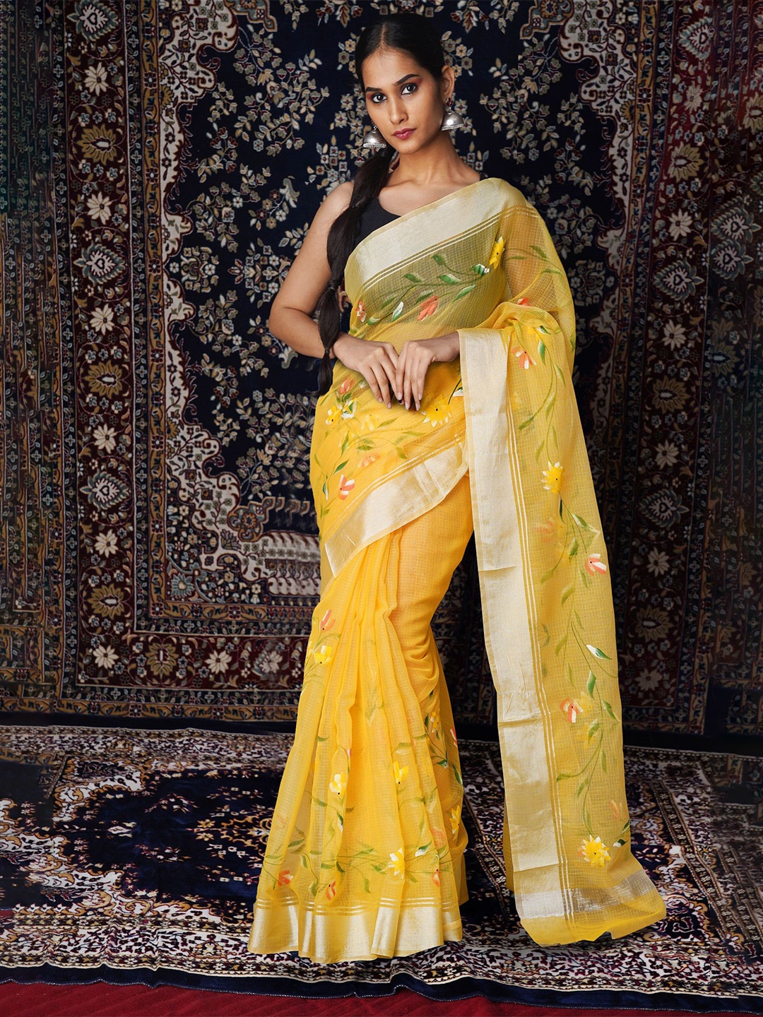 

Unnati Silks Floral Zari Net Handloom Kota Saree, Yellow