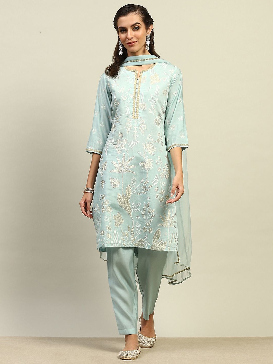 

Rangriti Women Floral Embroidered Regular Kurta with Palazzos & With Dupatta, Blue