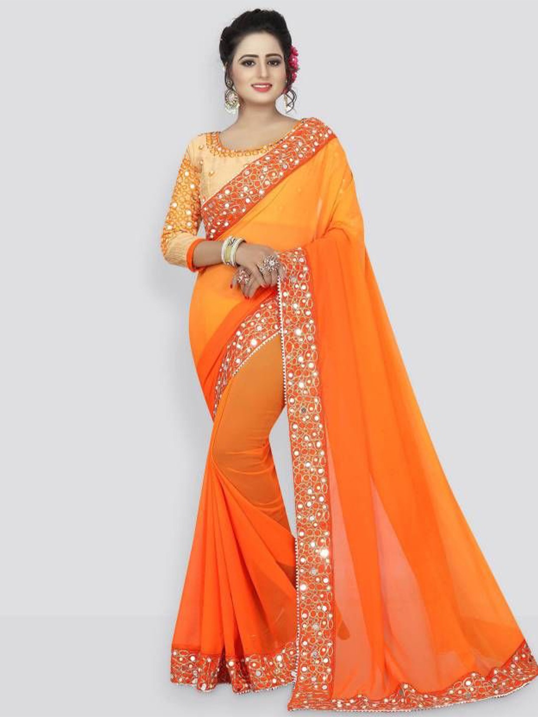 

Shiroya Brothers Ombre Mirror Work Pure Georgette Heavy Work Saree, Orange