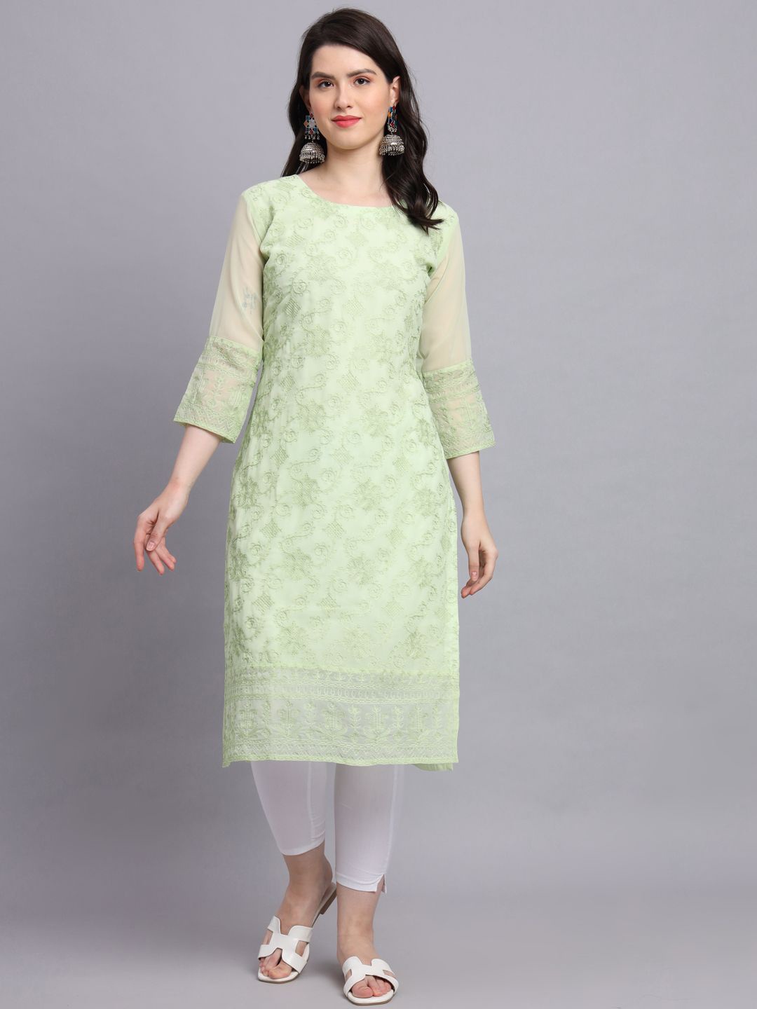 

HERE&NOW Women Floral Embroidered Thread Work Georgette Kurta, Olive