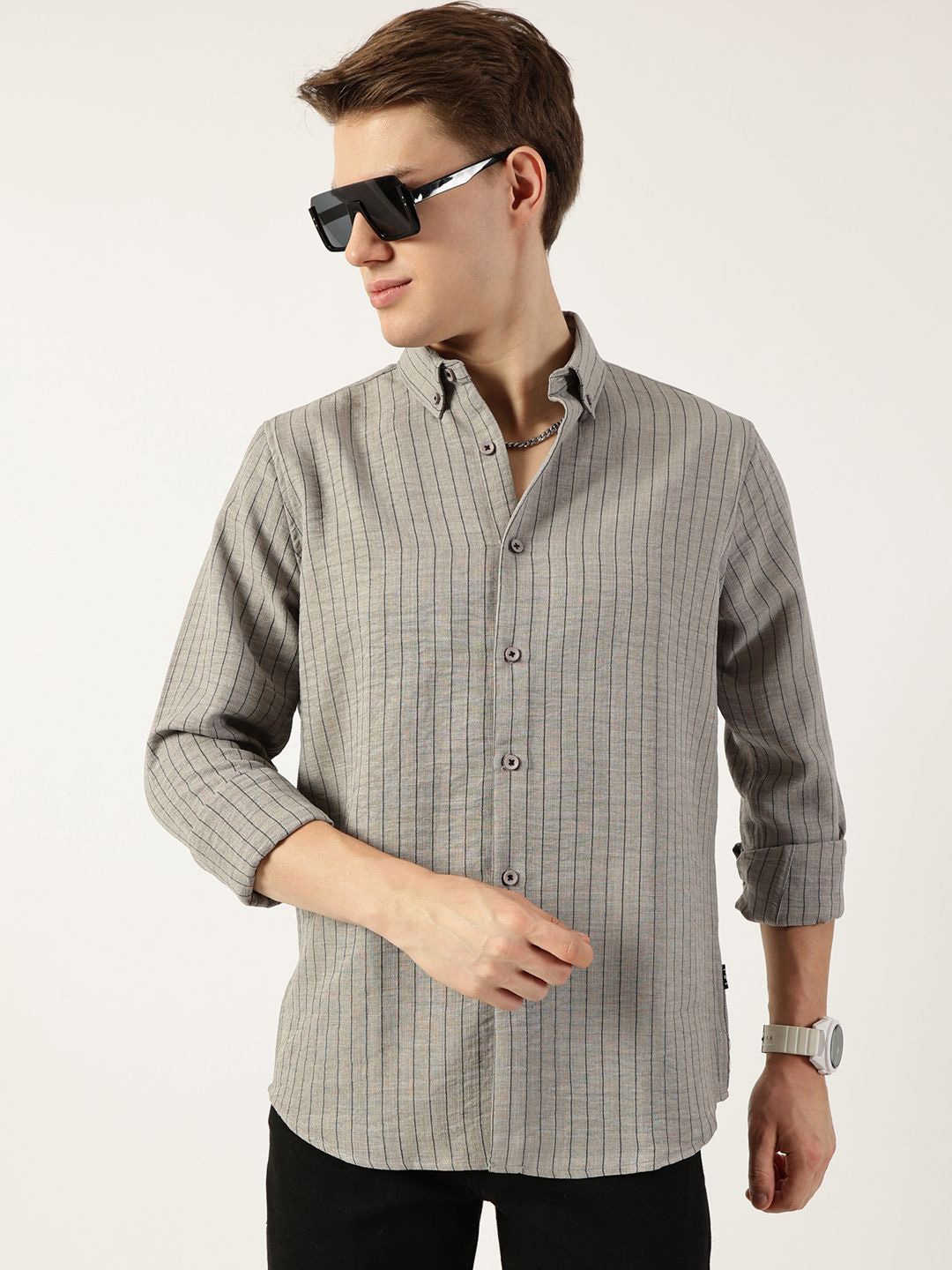 

Thomas Scott Men Button Down Collar Vertical Striped Casual Shirt, Grey