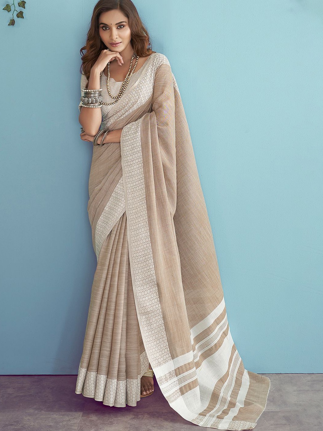 

DEVATITHI Embroidered Linen Blend Saree, Brown