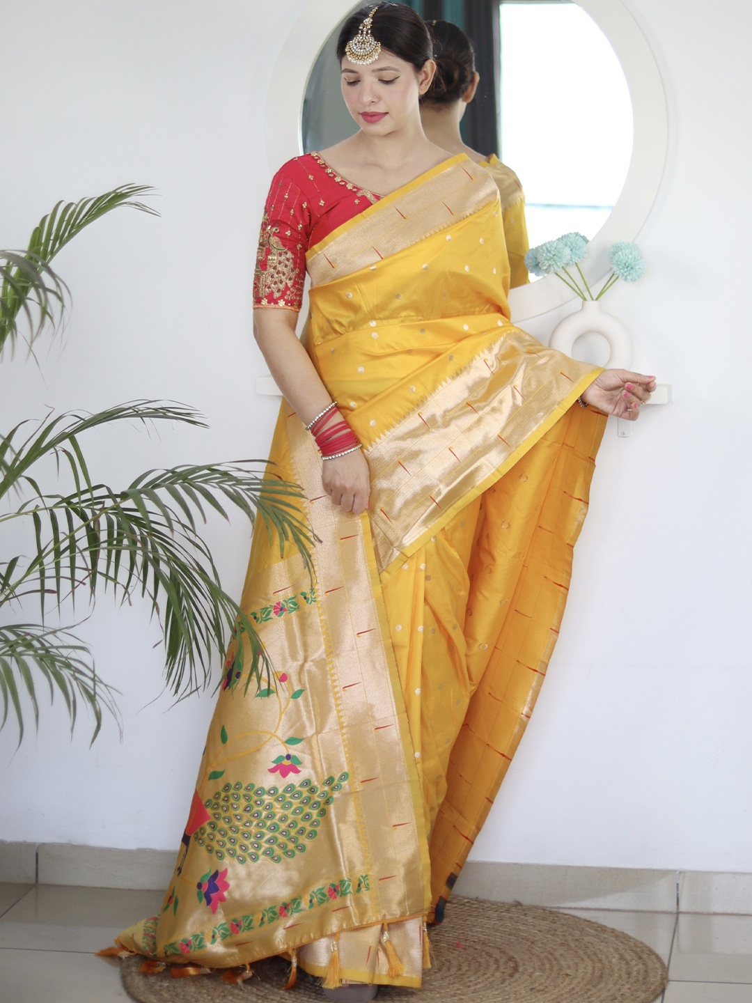 

Anaita Woven Design Zari Silk Blend Paithani Saree, Yellow