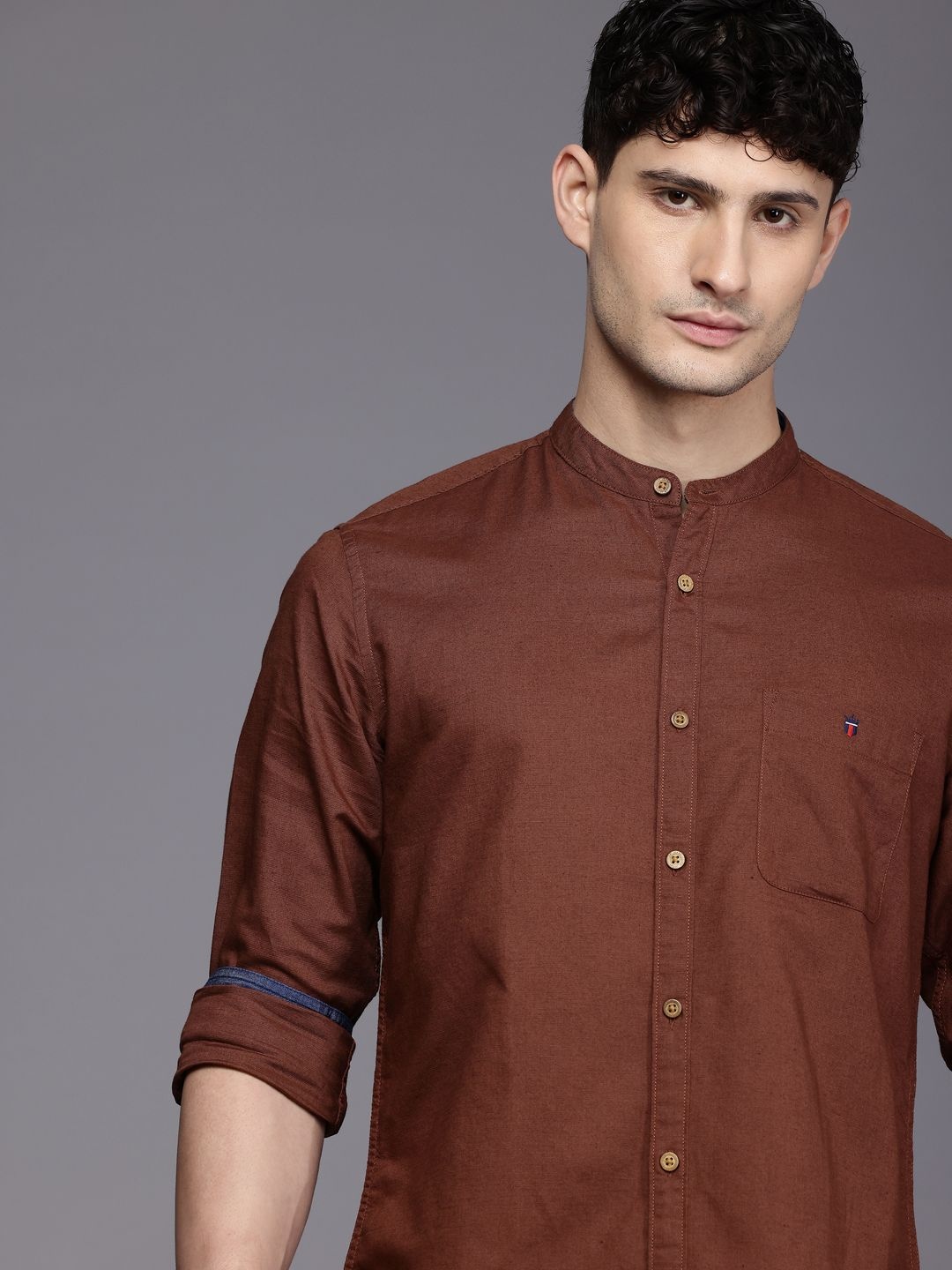 

Louis Philippe Jeans Band Collar Slim Fit Cotton-Linen Casual Shirt, Brown