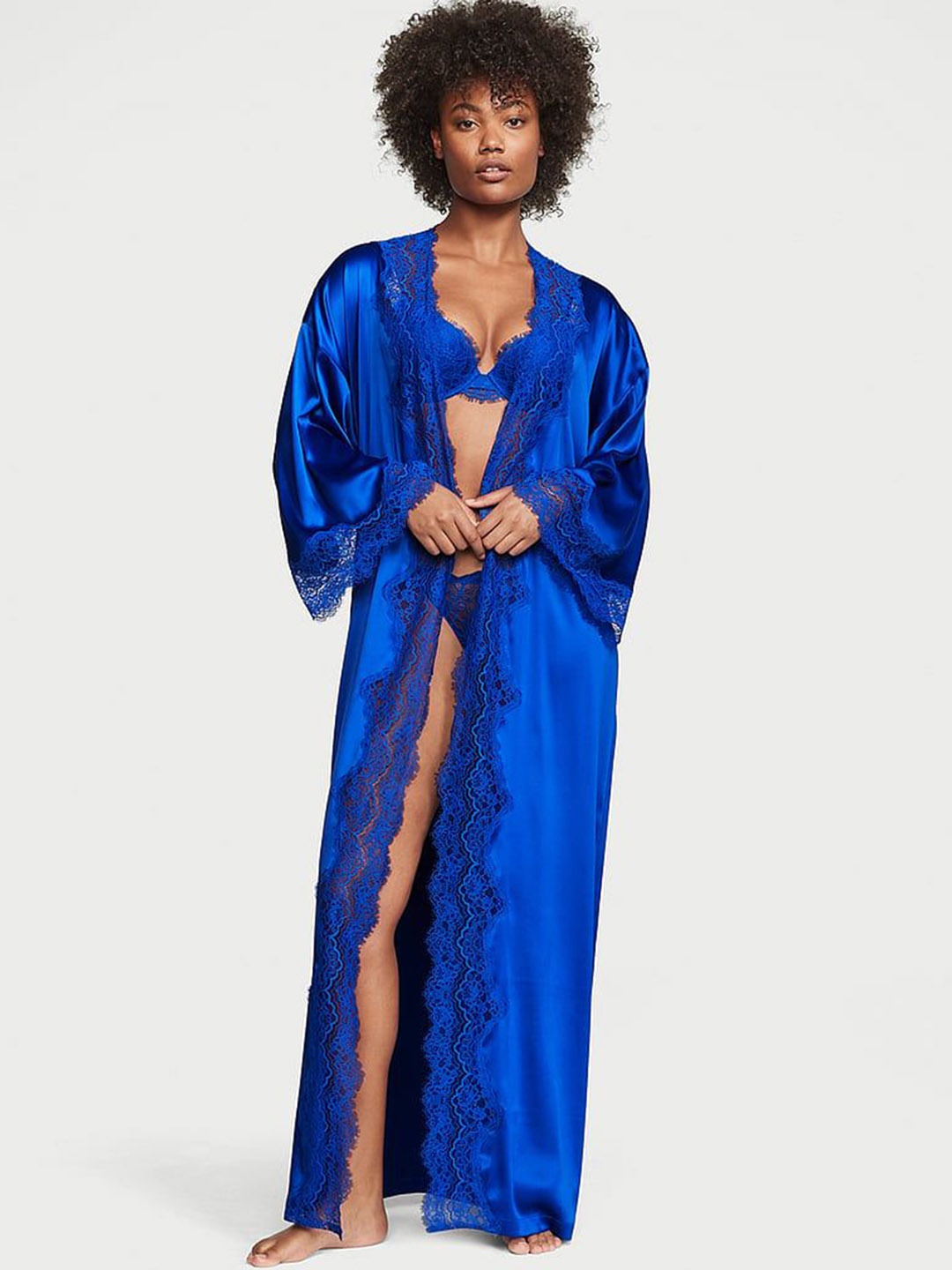 

Victoria's Secret Self Designed Lace-Trim Long Robe With Belt, Blue