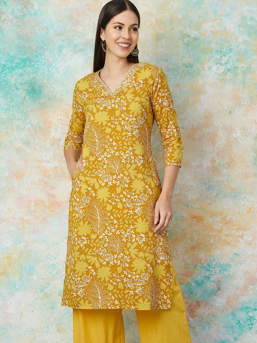 

Melange by Lifestyle Women Floral Printed Flared Sleeves Kurta, Mustard