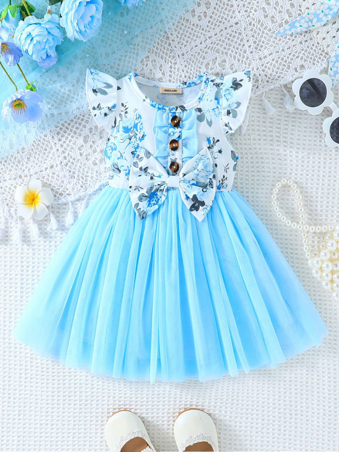 

INCLUD Floral Print Flared Sleeve Fit & Flare Dress, Blue