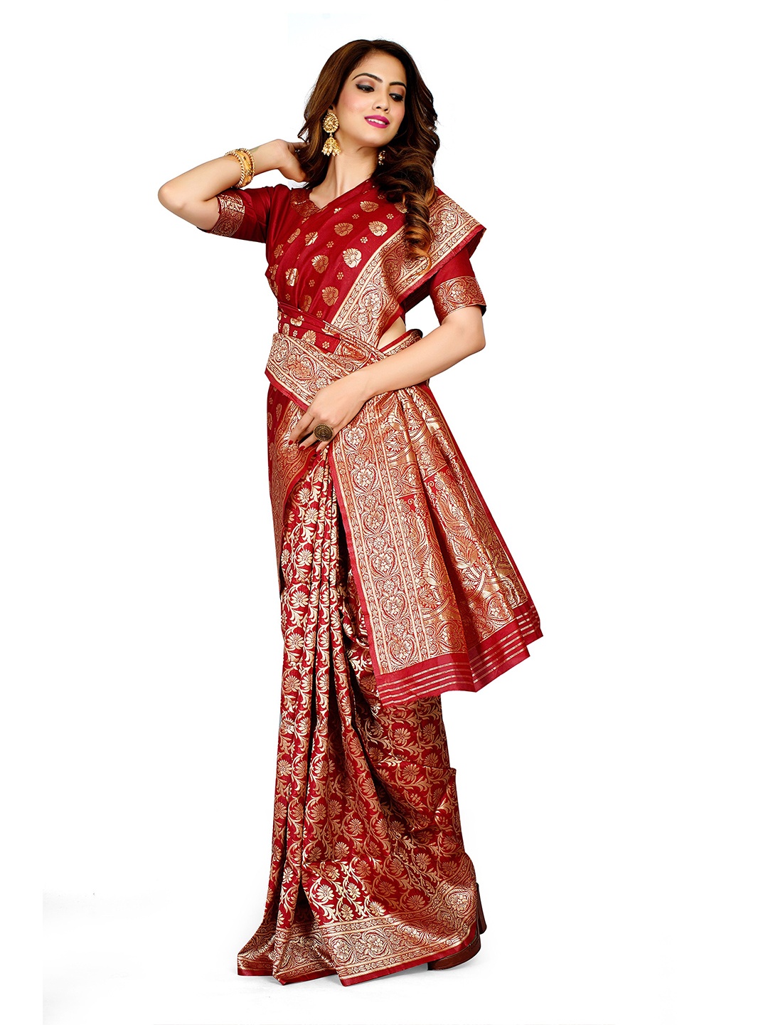 

SHRIMAY Woven Design Zari Silk Blend Banarasi Saree, Maroon