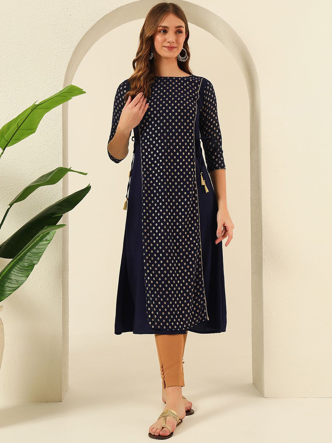 

Anouk Rustic Women Geometric Printed Mirror Work Georgette Kurta, Blue