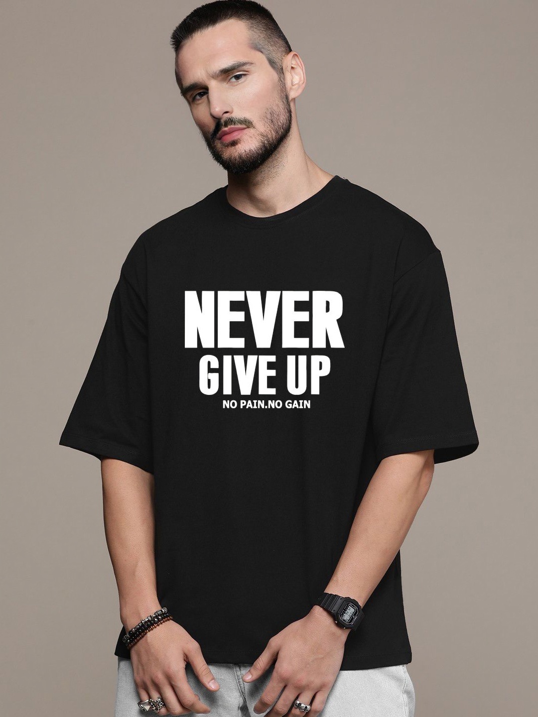 

Manlino Unisex Printed Drop-Shoulder Sleeves Pockets T-shirt, Black