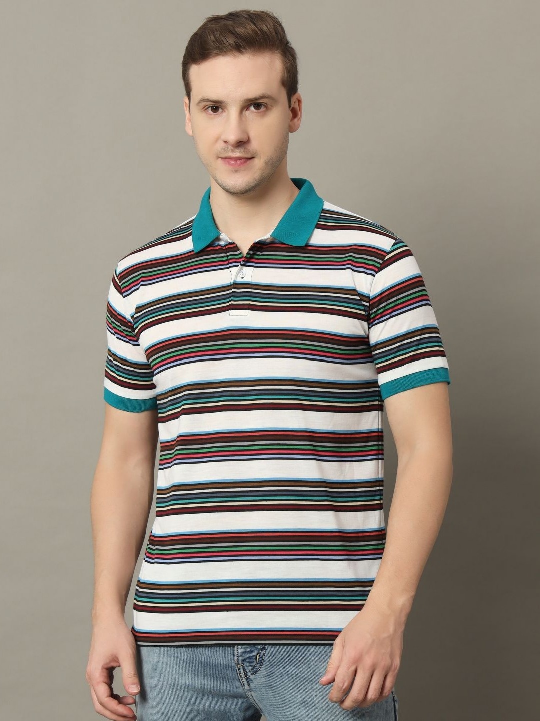 

GET GOLF Men Striped Polo Collar Cotton T-shirt, Green