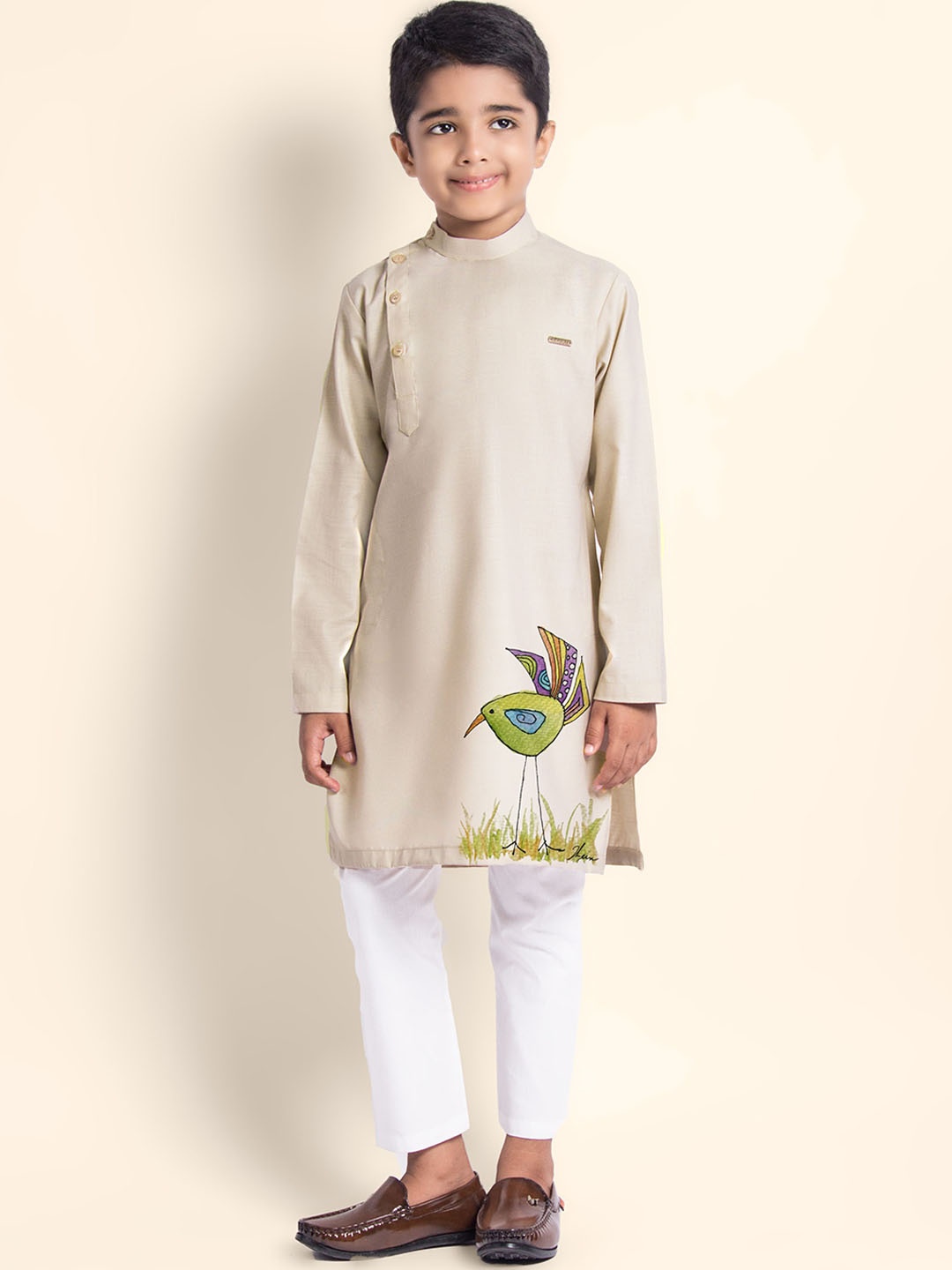 

DEVOILER Boys Ethnic Motifs Printed Thread Work Kurta, Beige