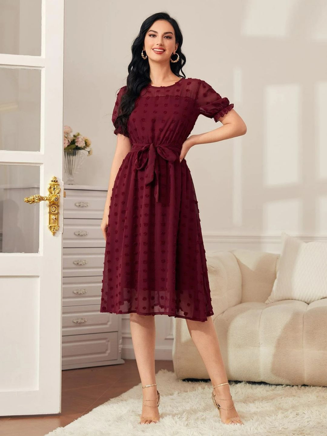 

Oh Rare Puff Sleeve A-Line Dress, Maroon