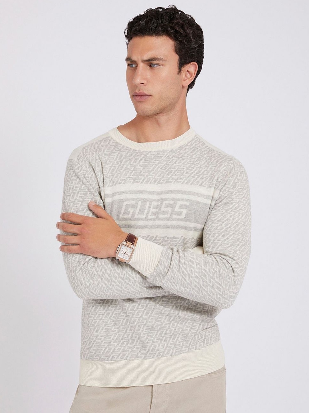 

GUESS Men Typography Printed Pullover, Grey