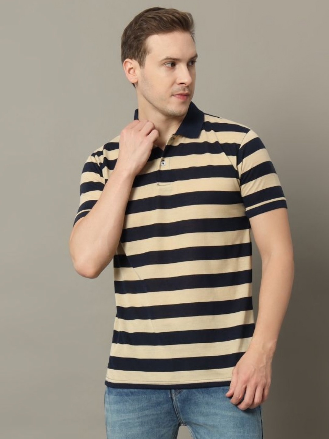 

GET GOLF Men Striped Polo Collar Cotton T-shirt, Beige