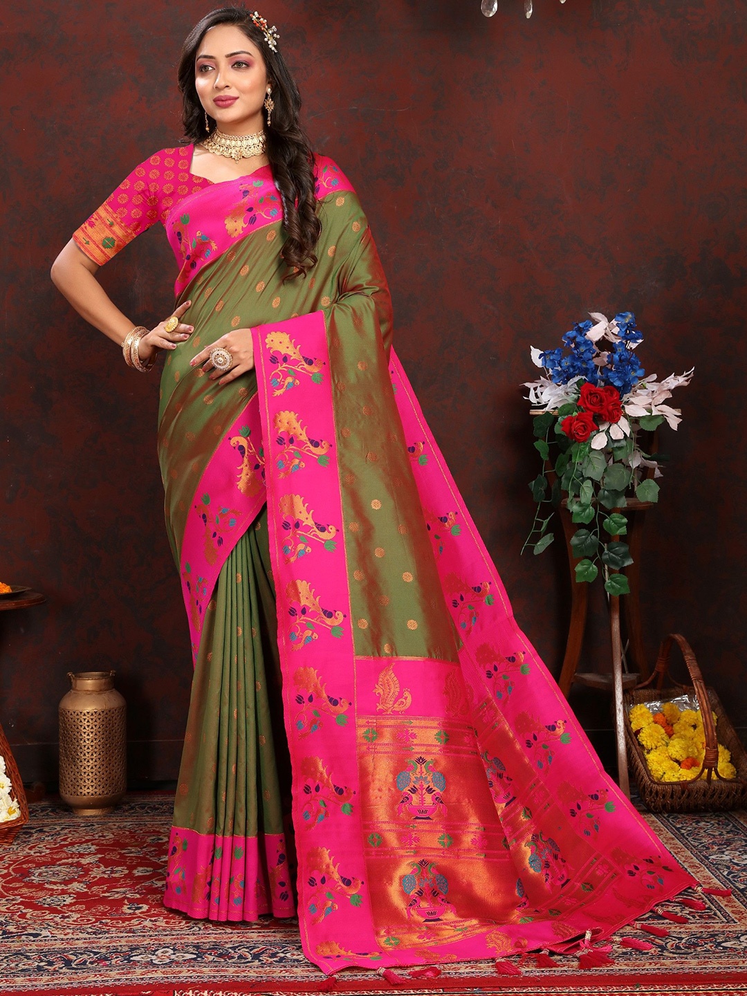 

Anaita Woven Design Zari Silk Blend Paithani Saree, Green