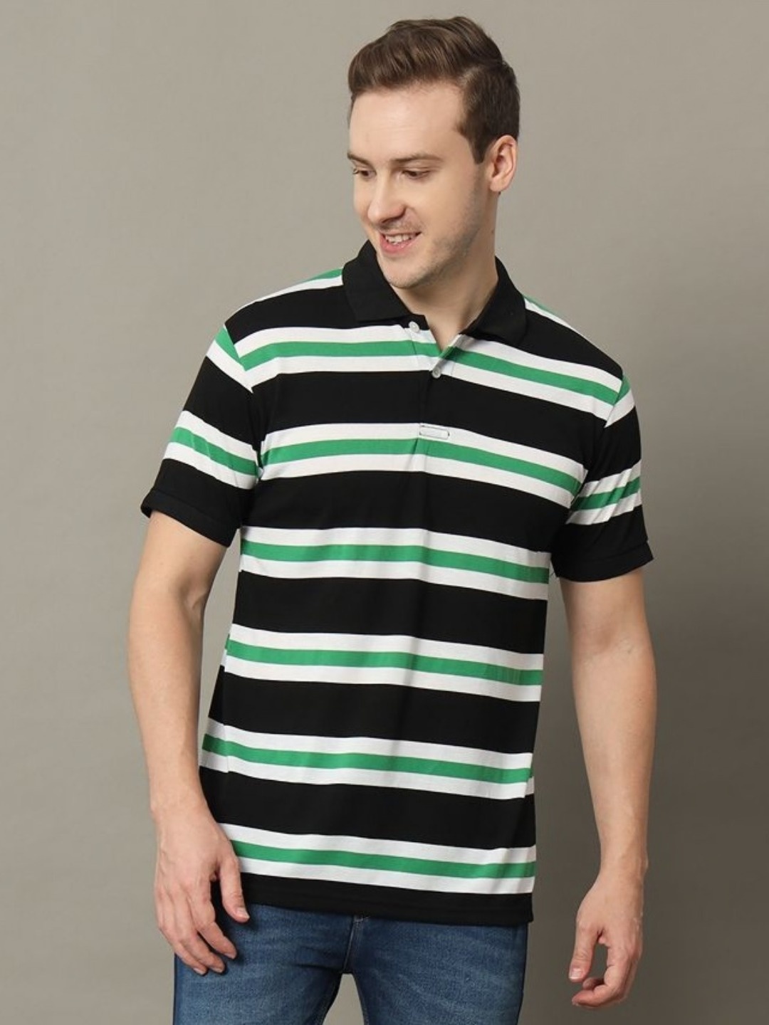 

GET GOLF Men Striped Polo Collar Cotton T-shirt, Black