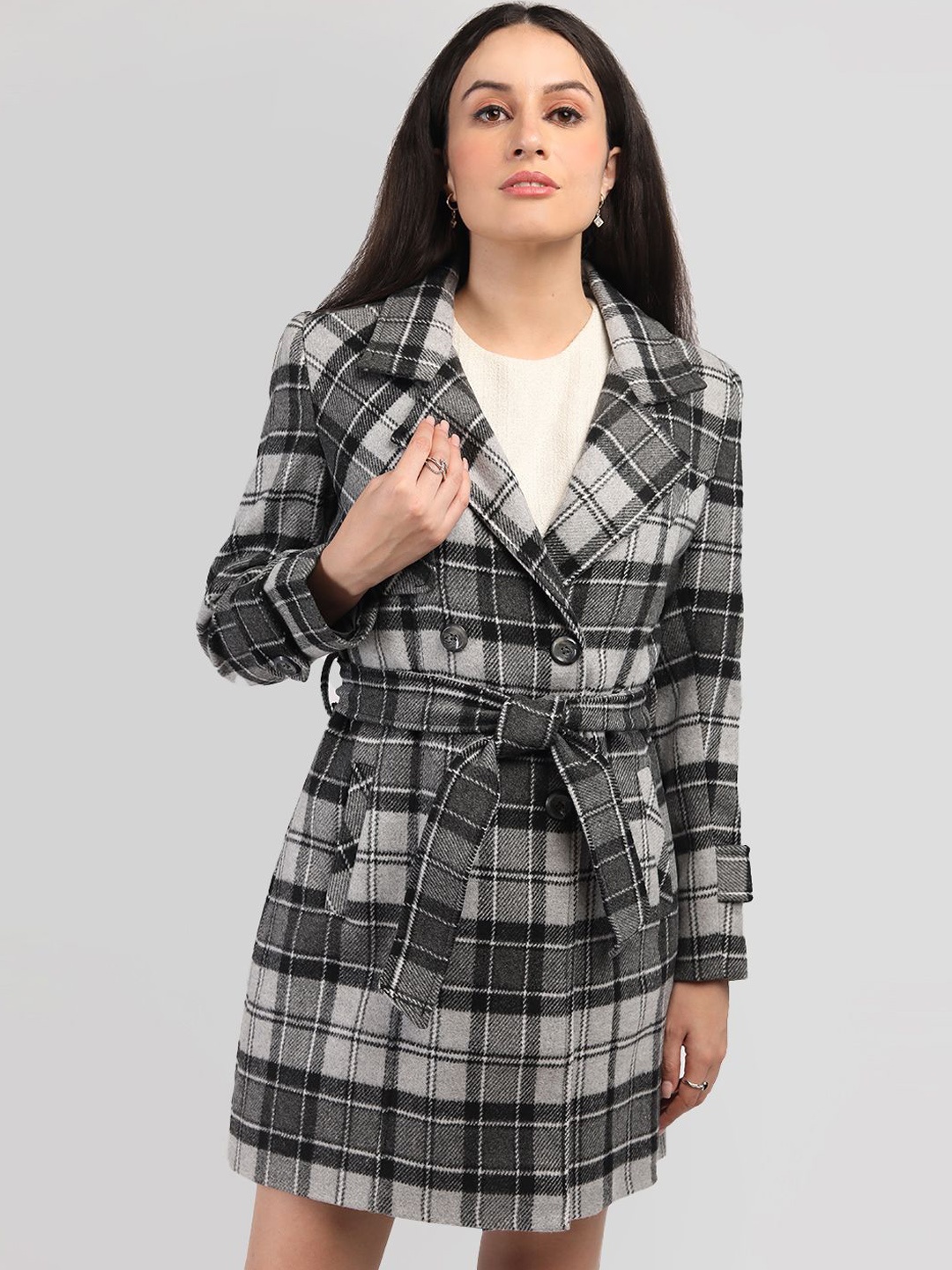 

The Roadster Lifestyle Co Wide Check Double Breasted Overcoat, Black