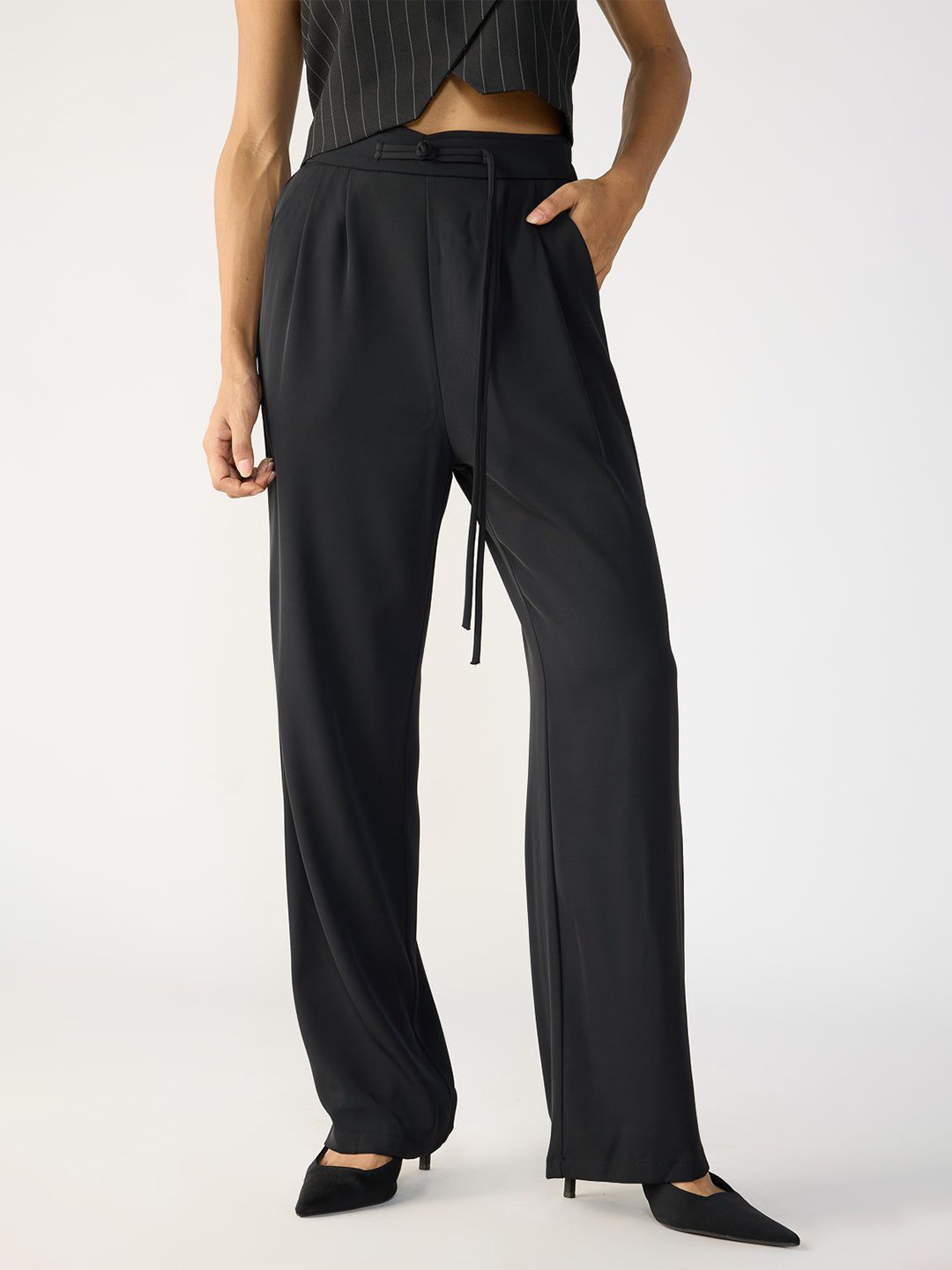 

FREAKINS Women Nordic Black Knotted Korean Pants